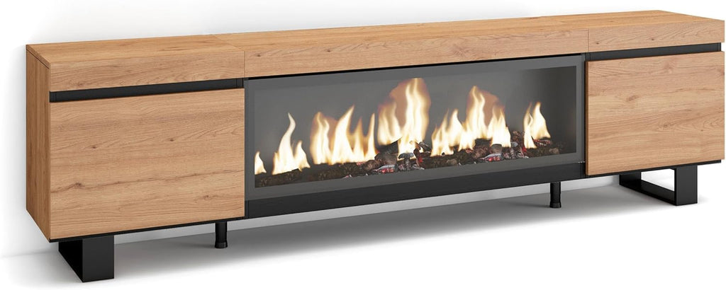 Skraut Home | Meuble TV | Banc Télé | Grand Espace de Rangement | 210 | pour Les TV jusqu'à 80" | Cheminée électrique XXL | Design Industriel | Style Moderne | Chêne