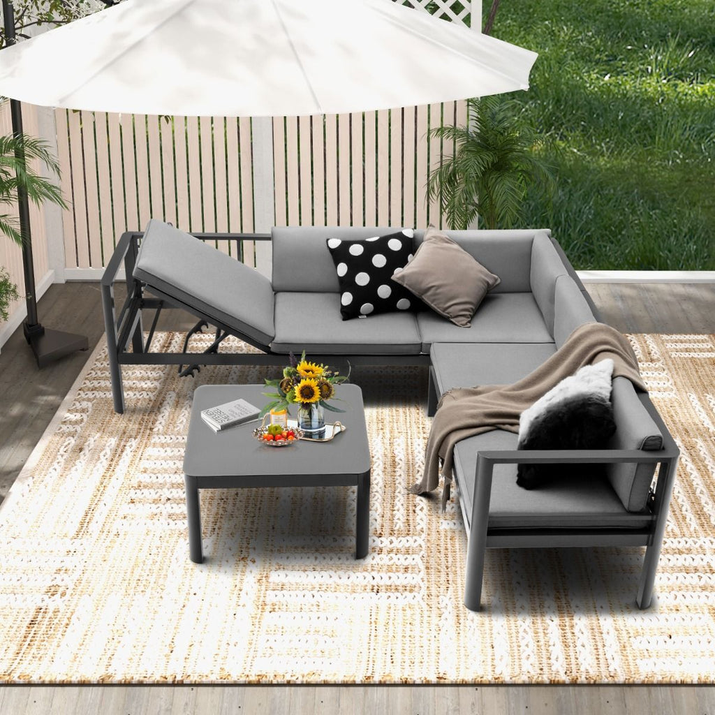 Salon de Jardin Extérieur avec Table Basse en Verre Trempé Canapéavec Dossier Inclinable à 6 Niveaux Coussins Inclus Gris -