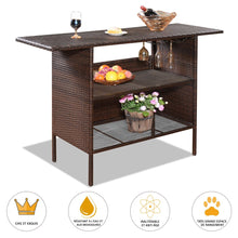 Load image into Gallery viewer, Table de Bar de Jardin en Rsine Tresse avec 2 Etagres de Rangement 2 de Rails pour Porte-Verres Marron -
