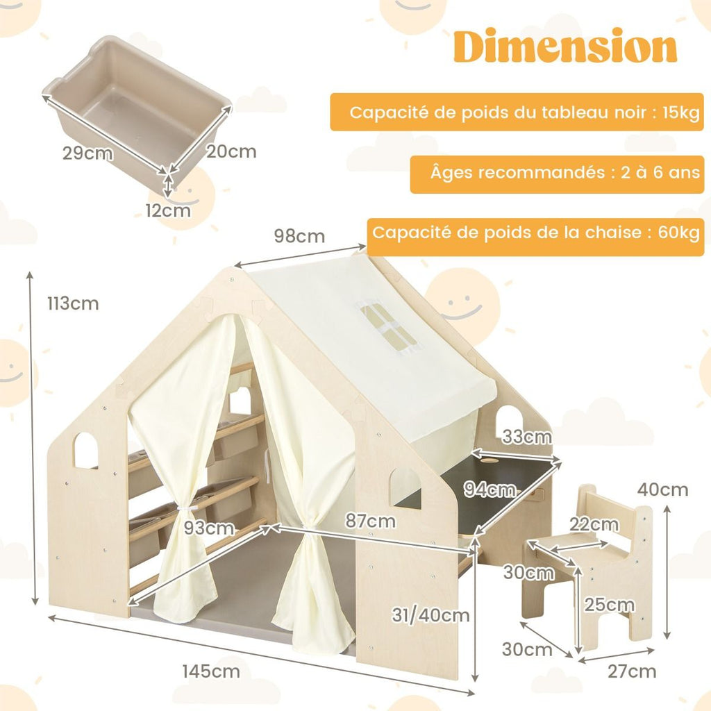 Tente de Jeu d'Intérieur en Bois pour Enfants 6 en 1 Tableau Noir Table Chaise 6 Bacs de Rangement Coussin de Sol Maison de Jeu pour 2-6 ans Beige -
