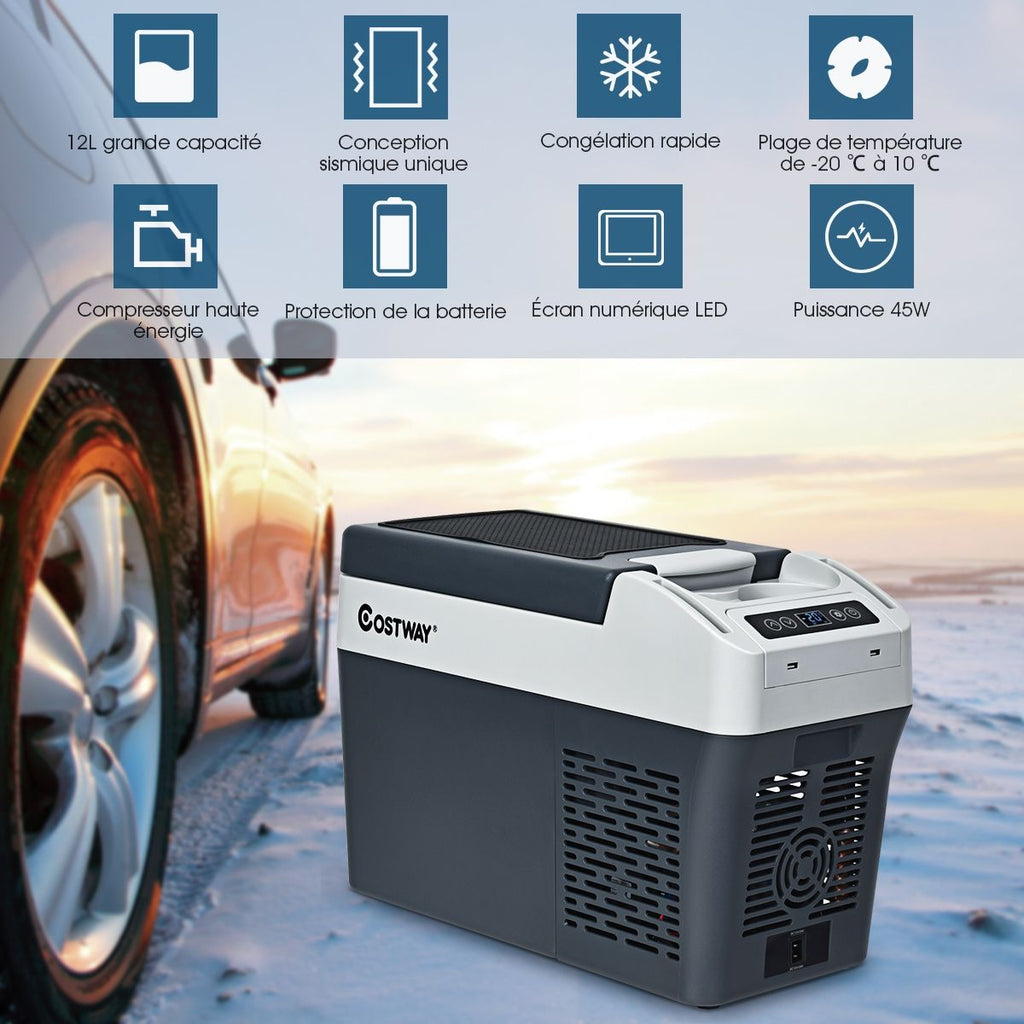 Réfrigérateur Congélateur de Voiture 12L Portable Compresseur -20°C à +10°C Ampoules LED 2 Porte-gobelets 23x53x36cm -