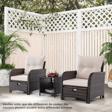 Load image into Gallery viewer, Meubles de Patio 5 Pices Ensemble de Canap d'Extrieur en Rotin avec 2 Chaises 2 Poufs et 1 Table Basse Coussins Doux Plateau en Verre Tremp Beige -