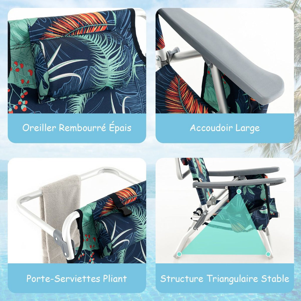 Lot de 2 Chaises de Camping Plage Pliante Table Enroulable en Aluminium Appui-tête Dossier Réglable à 5 Positions 6 Couleurs au Choix -