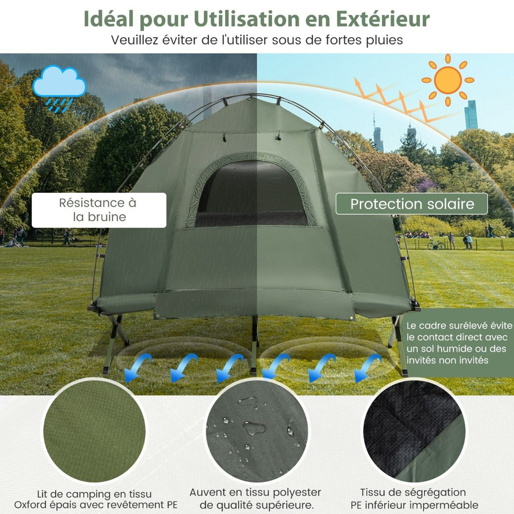 Tente de Camping avec Lit pour 1 Personne Lit de Camping Pliant 5 en 1 avec Matelas Pneumatique Oreiller Sac de Couchage Tente Surleve tanche -