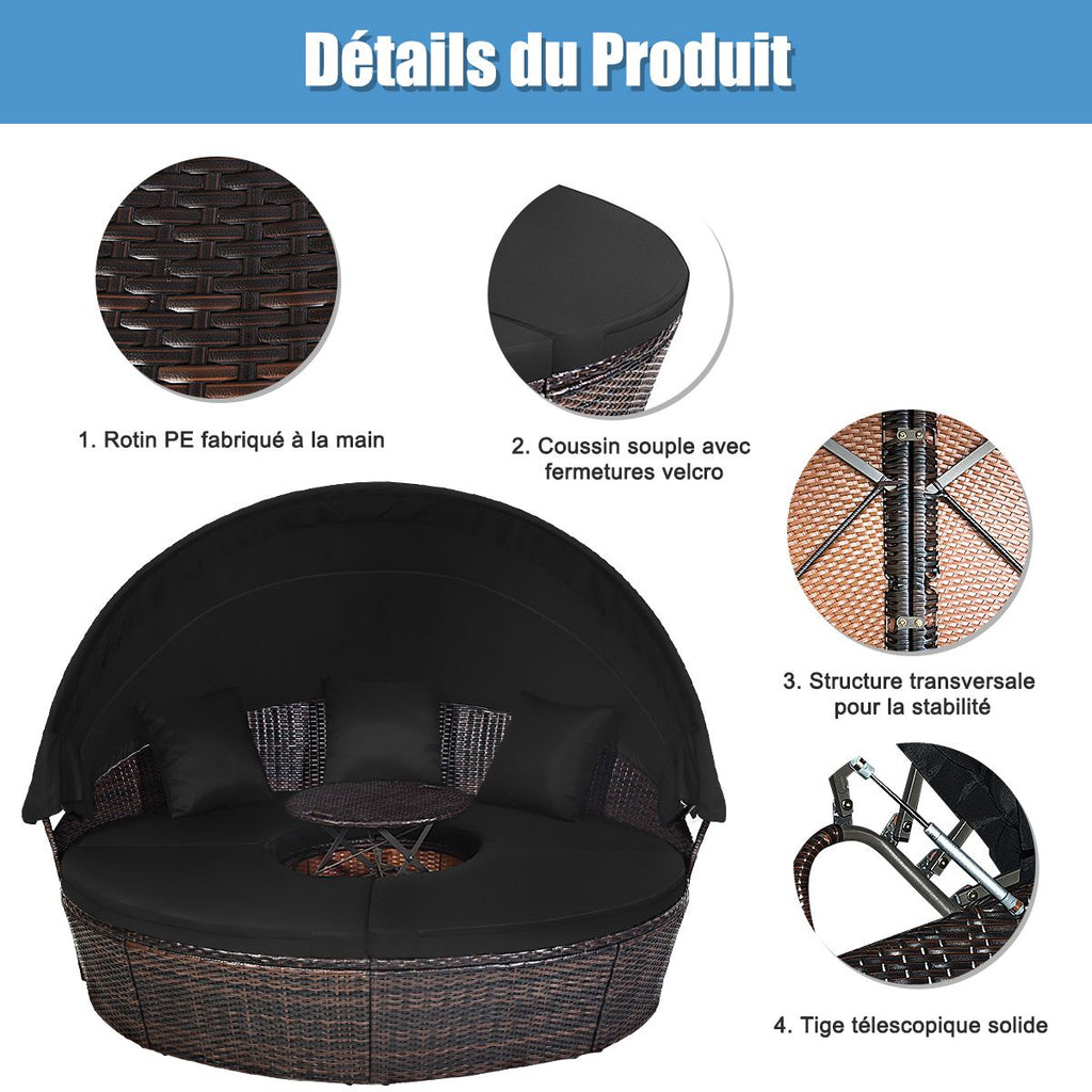 Lit de Jardin Rond d'Exterieur Table Relevable Modulable & Convertible - Pare Soleil Réglable rotin PE Coussins Inclus Noir -
