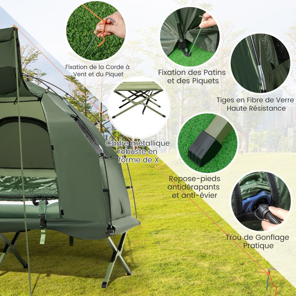 Tente de Camping avec Lit pour 1 Personne Lit de Camping Pliant 5 en 1 avec Matelas Pneumatique Oreiller Sac de Couchage Tente Surélevée Étanche -