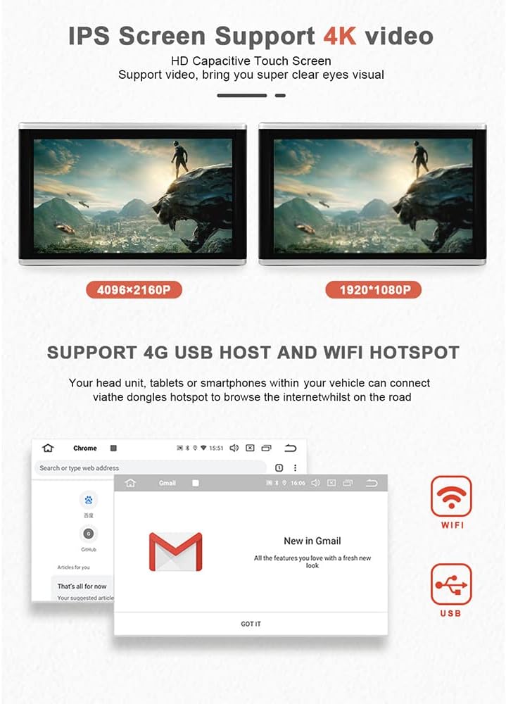 Lecteur vido HD 13,3 pouces (1080p) pour appuie-t锚te de voiture,Android 9.0,avec support de montage,cran tactile IPS 2 Go + 32 Go