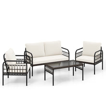 Load image into Gallery viewer, Meubles de Patio 4 Pièces en Rotin Charge 180-360KG avec Chaises Causeuse Coussins et Table Basse en Verre Trempé pour Balcon Blanc -
