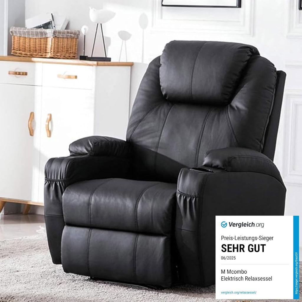 M MCombo Fauteuil Relax électrique Fauteuil de Massage Fauteuil TV Fonction inclinable Vibration Chauffage 7061 Nouveau modèle (Simili Cuir Noir)