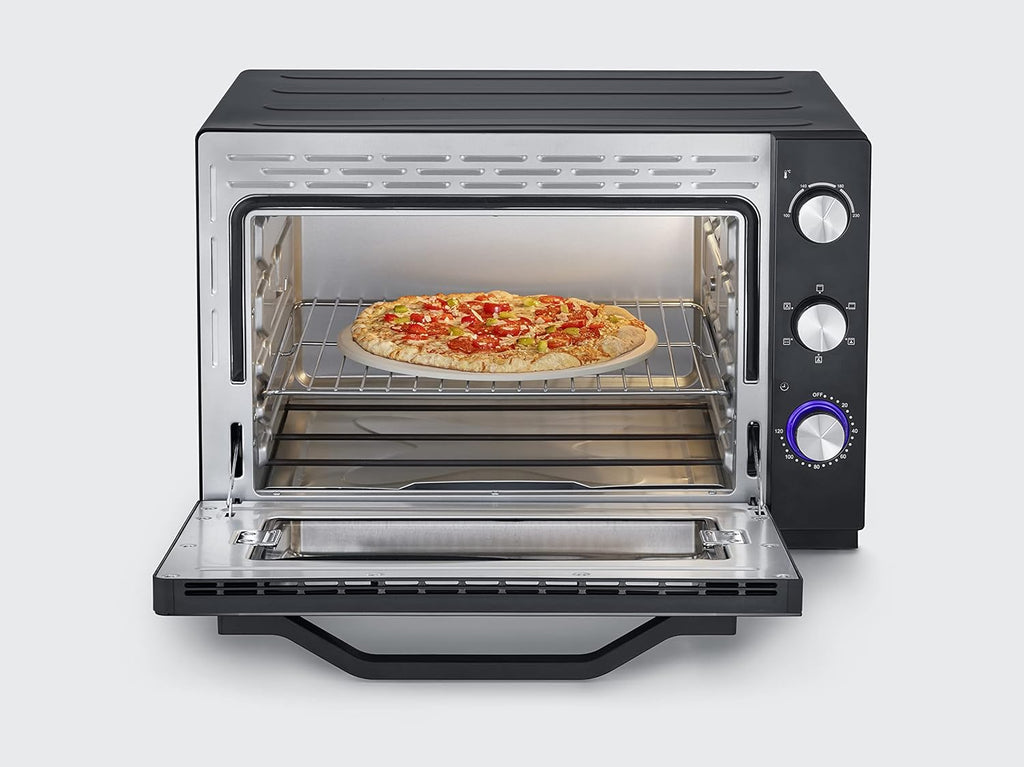 SEVERIN Four posable XXL à Chaleur Tournante 60 L avec pierre à pizza et tournebroche 2 200 W design simple et élégant, Four électrique avec minuteur 120 min, Noir/Inox, TO 2073
