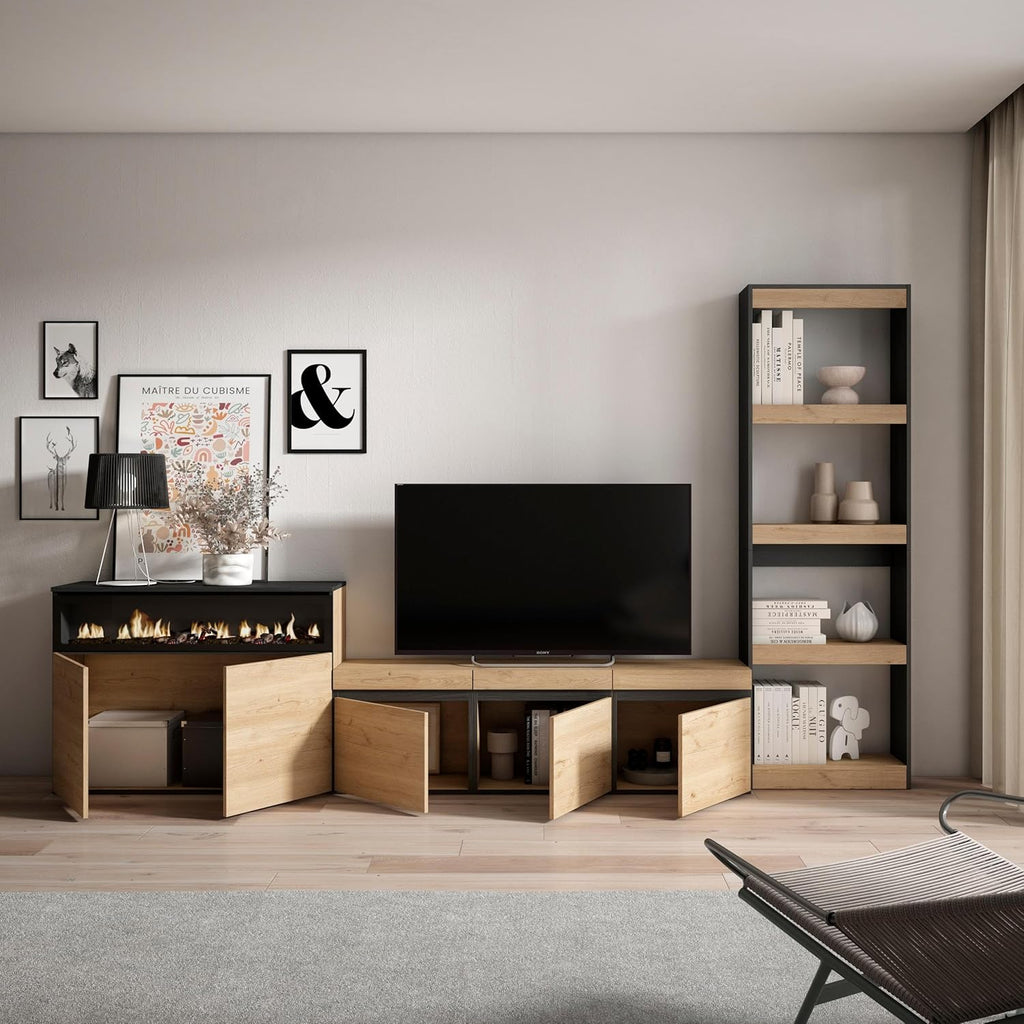 Skraut Home | Ensemble Meuble TV | Meuble Salon Complet | 310x186x35cm | pour Les TV jusqu'à 65" | Cheminée électrique | Style Moderne | Chêne et Noir