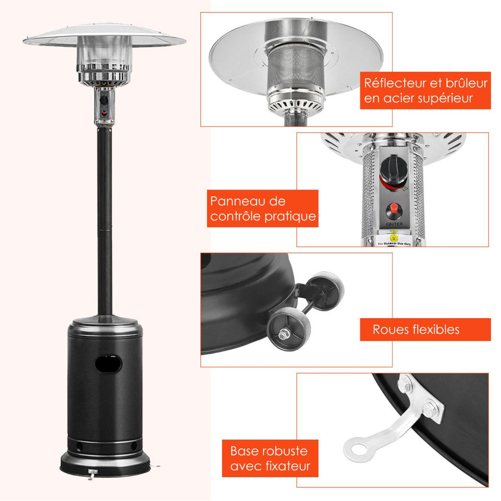 Parasol Chauffage Extérieur à Gaz 13KW Réflecteur 82cm avec Dispositif de Anti-basculement Tube 2 Roues Fluide 220cm Noir -