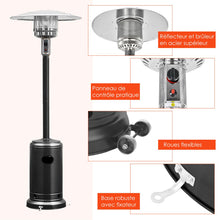 Load image into Gallery viewer, Parasol Chauffage Extérieur à Gaz 13KW Réflecteur 82cm avec Dispositif de Anti-basculement Tube 2 Roues Fluide 220cm Noir -