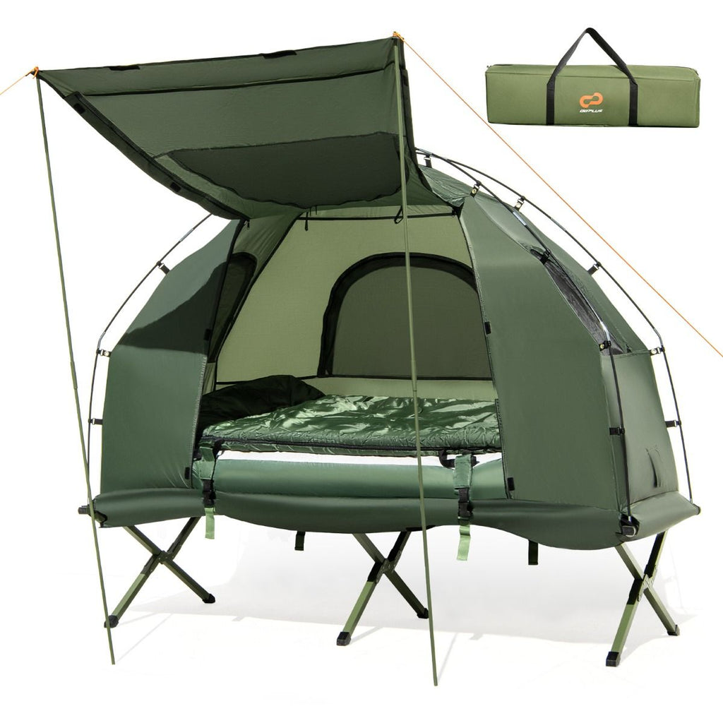 Tente de Camping avec Lit pour 1 Personne Lit de Camping Pliant 5 en 1 avec Matelas Pneumatique Oreiller Sac de Couchage Tente Surleve tanche -