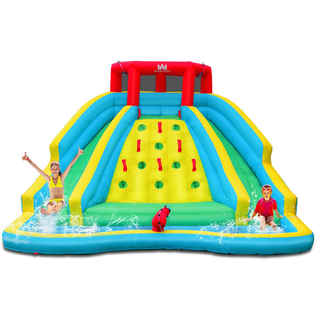 Toboggan Aquatique Gonflable 5 en 1 avec Pataugeoire Aire de Jeux Gonflable en Oxford avec Mur d'Escalade Charge 150kg pour 3-10 Ans (sans Souffleur) -