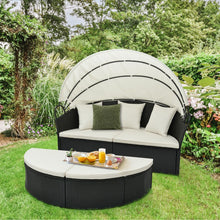 Load image into Gallery viewer, Lit Canap de Jardin Rond en Rotin PE Auvent Rtractable Coussins et Oreillers Amovibles Salon de Jardin Modulable Blanc -