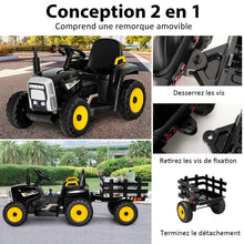 Load image into Gallery viewer, Tracteur Electrique avec Remorque pour Enfants 3 Vitesses Lumires LED Fonctions o USB et Bluetooth Jaune/Rose/Rouge/Vert/Vert Fonc/Noir -