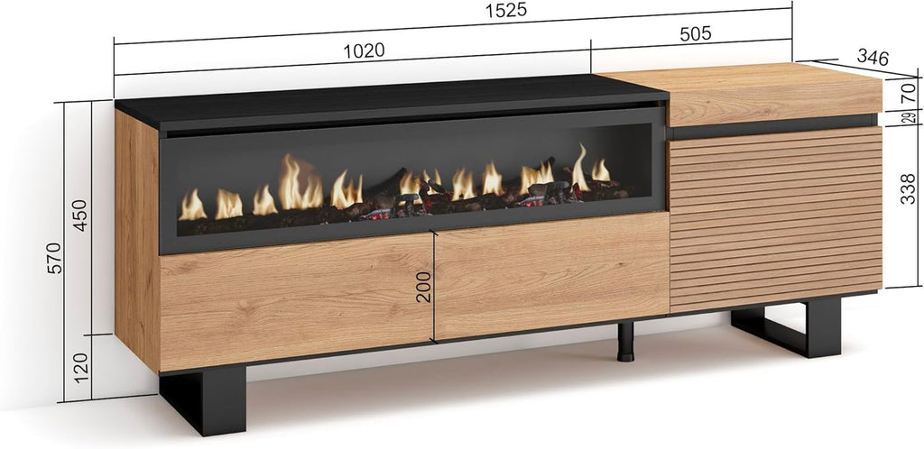 Skraut Home | Meuble TV | Banc Télé | Grand Espace de Rangement | 150x57x35cm | pour Les TV jusqu'à 65" | Cheminée électrique | Design Industriel | Style Moderne | Chêne