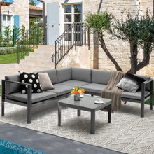 Load image into Gallery viewer, Salon de Jardin Extrieur avec Table Basse en Verre Tremp Canapavec Dossier Inclinable  6 Niveaux Coussins Inclus Gris -