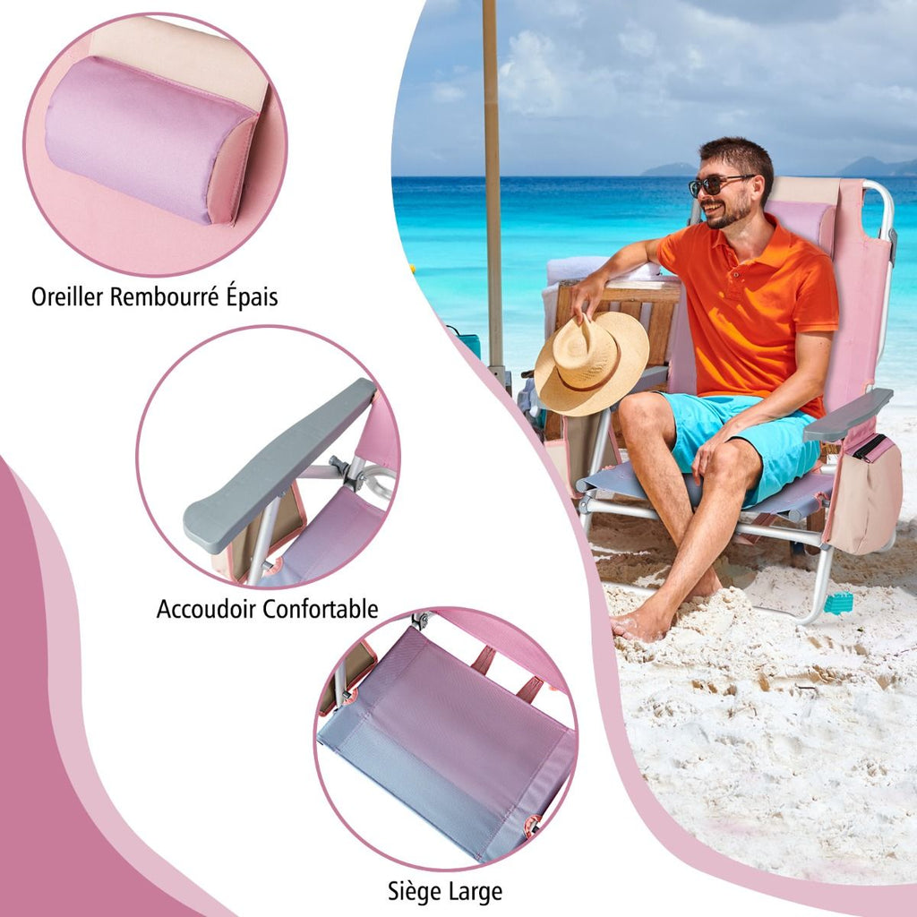 Lot de 2 Chaises de Camping Plage Pliante Table Enroulable en Aluminium Appui-tête Dossier Réglable à 5 Positions 6 Couleurs au Choix -