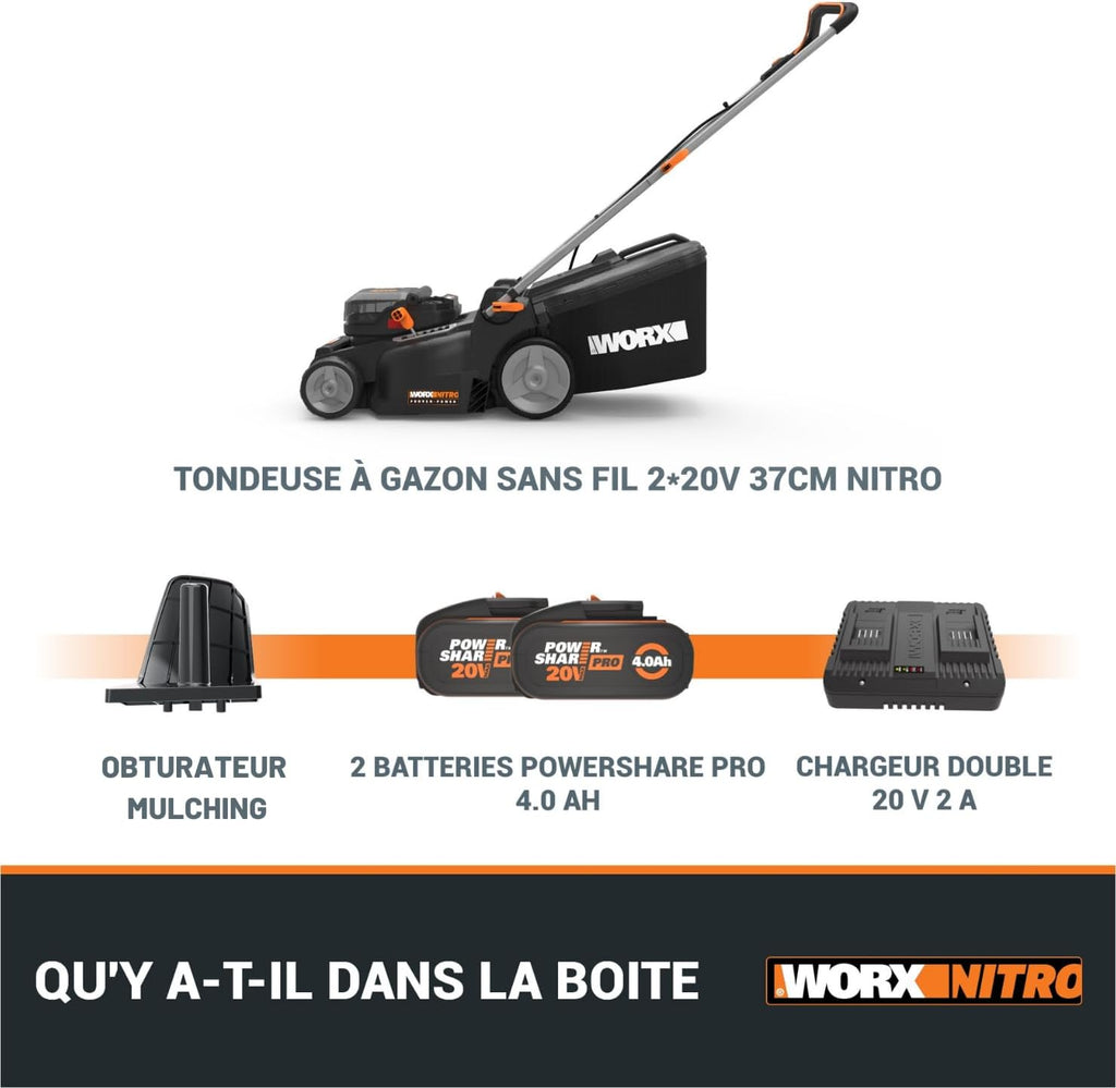 Pack Pro+ Tondeuse à Gazon 40V 460m² + Coupe-Bordures 20V + 2 Batteries 4Ah et 1 Batterie 2Ah + Chargeur Double et Chargeur Simple (Idéal pour l'Entretien du Jardin)