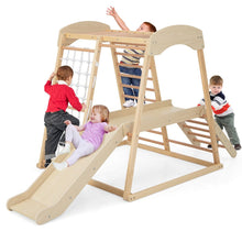 Load image into Gallery viewer, Triangle d'Escalade 6 en 1 en Bois avec Toboggan et Filet Barre pour Grimper Ramper et Glisser 1 An+ Coloré/Naturel -