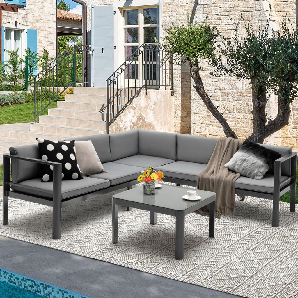 Salon de Jardin Extérieur avec Table Basse en Verre Trempé Canapéavec Dossier Inclinable à 6 Niveaux Coussins Inclus Gris -