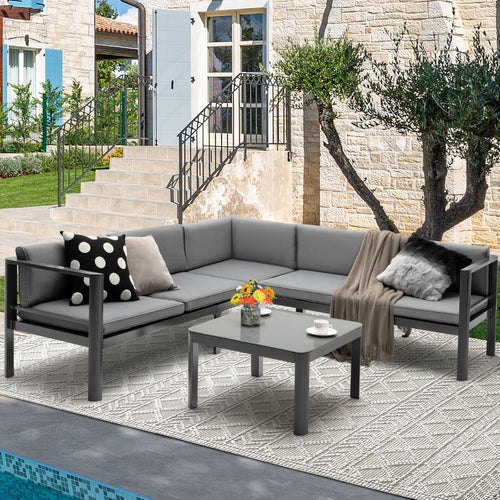 Salon de Jardin Extérieur avec Table Basse en Verre Trempé Canapéavec Dossier Inclinable à 6 Niveaux Coussins Inclus Gris -