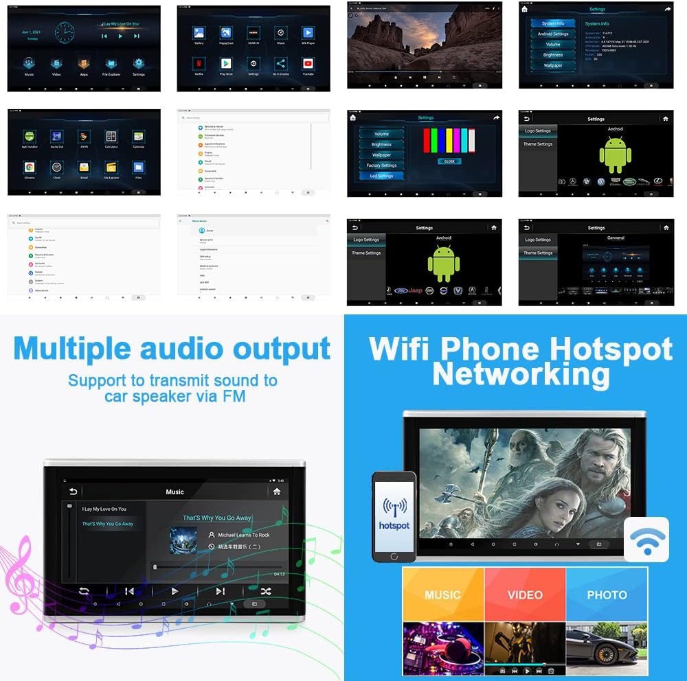 Lecteur vido HD 13,3 pouces (1080p) pour appuie-t锚te de voiture,Android 9.0,avec support de montage,cran tactile IPS 2 Go + 32 Go