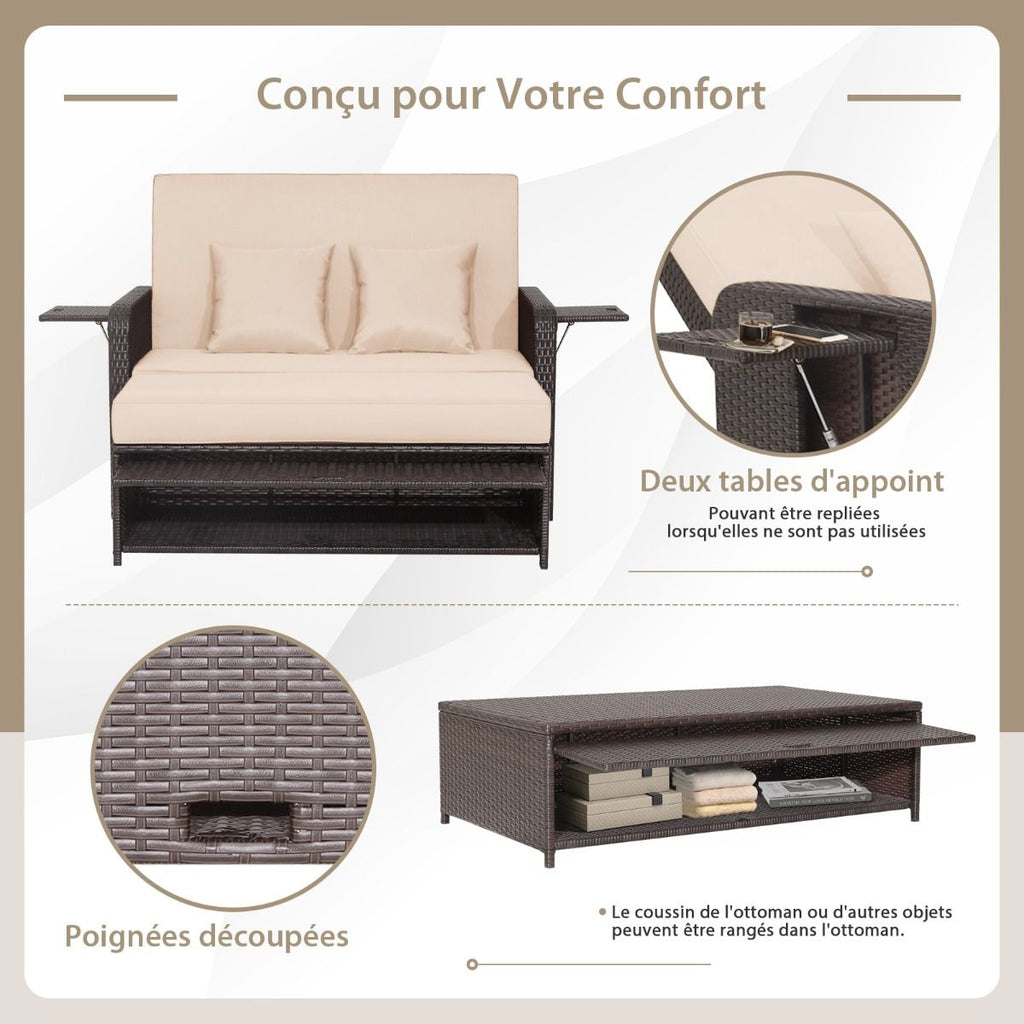 Salon de Jardin Extérieur Ajustable à Lit,2 Place avec Stockage Caché,Dossier Réglable à 4 Niveaux en Rotin PE -