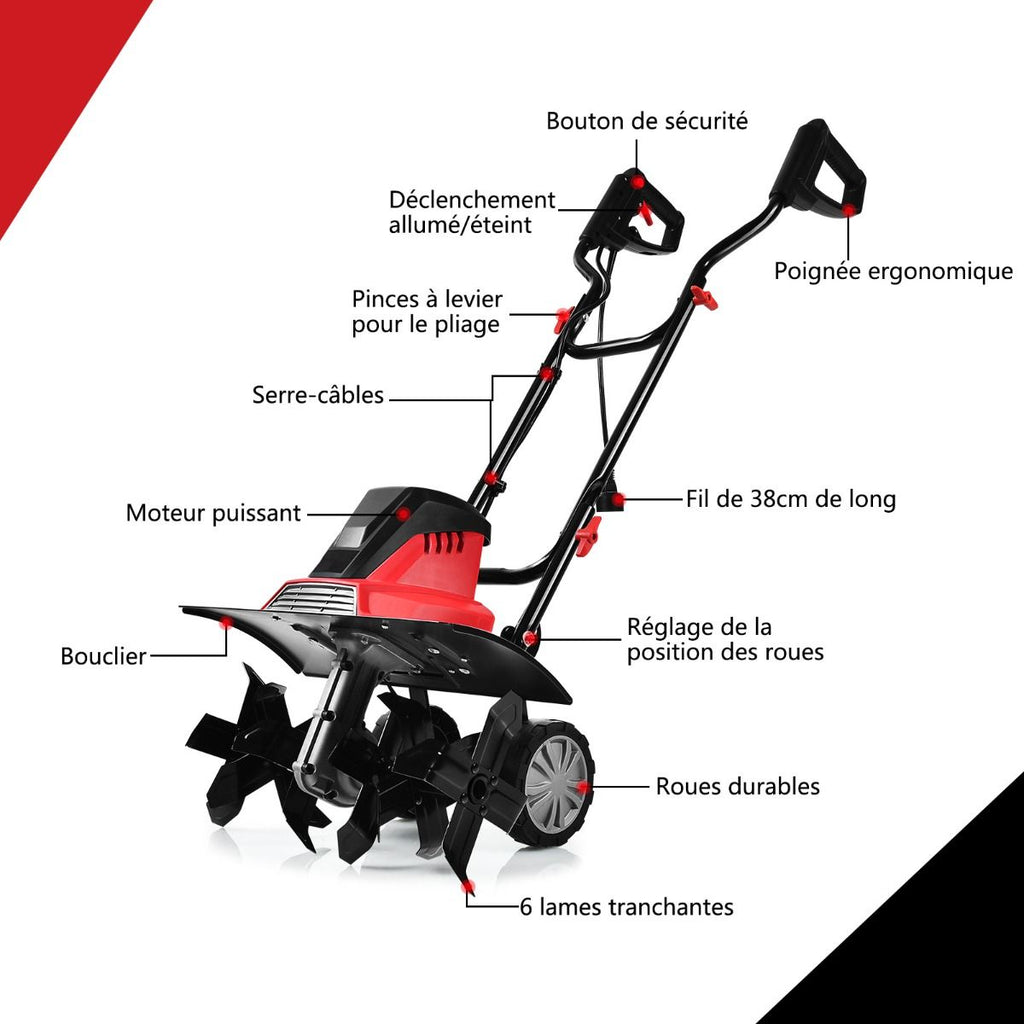 Motobineuse Motoculteur Électrique 1500W Profondeur Travail 22CM Largeur 43CM avec Poignée Pliable Roues Réglables 6 Lames -
