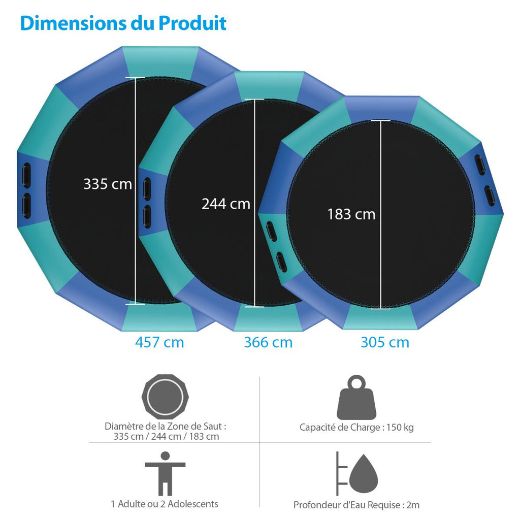 Trampoline Aquatique Gonflable Dia.457cm Capacit de 150kg avec Kit de Rparation Echelle et Gonfleur Electrique 500w Bleu -