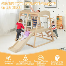 Load image into Gallery viewer, Triangle d'Escalade 6 en 1 en Bois avec Toboggan et Filet Barre pour Grimper Ramper et Glisser 1 An+ Coloré/Naturel -