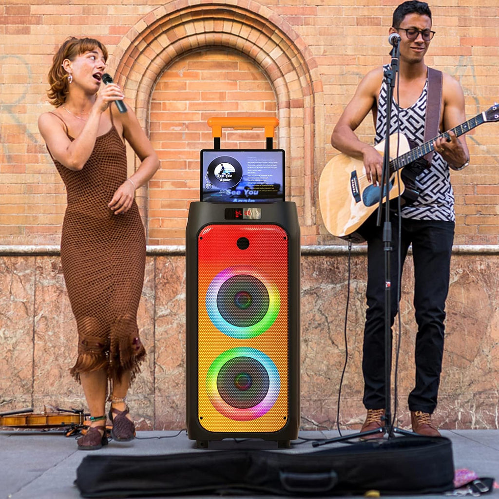 JYX Machine Karaoké pour Adultes, Enceinte Karaoké Bluetooth Portable avec 2 Microphones sans Fil, Party Box Idéale pour Les réunions de Famille/Le Camping en Plein Air
