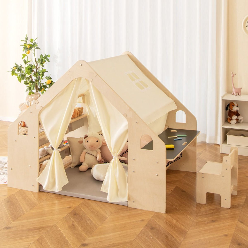 Tente de Jeu d'Intérieur en Bois pour Enfants 6 en 1 Tableau Noir Table Chaise 6 Bacs de Rangement Coussin de Sol Maison de Jeu pour 2-6 ans Beige -
