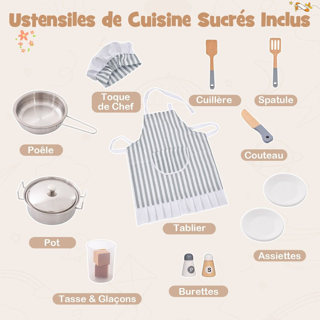 Jeu de Cuisine d'Angle pour Enfants de 3 Ans et Plus en Bois Machine à Glaçons Porte-serviettes Accessoires Effets Sonores et Lumineux -