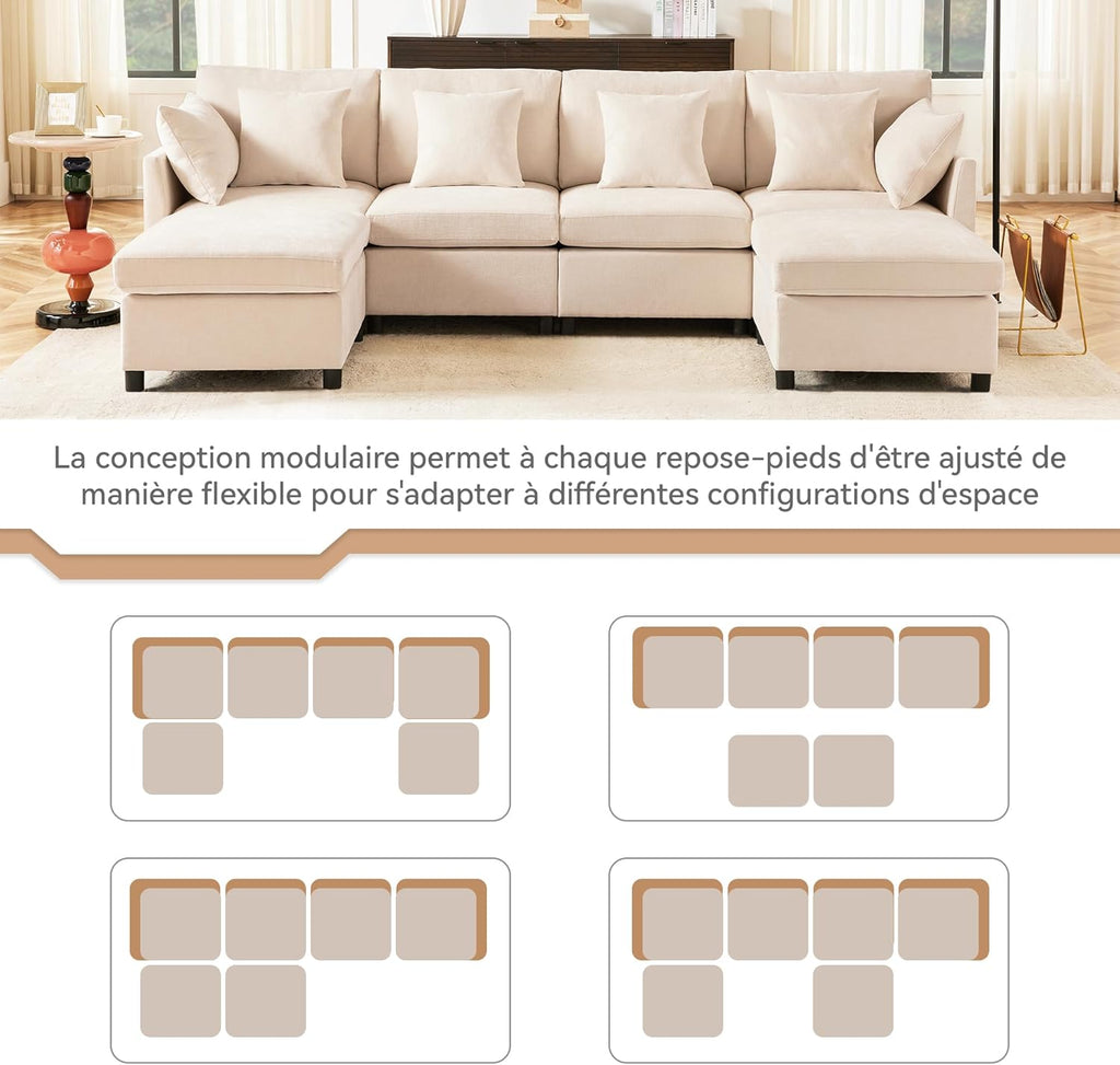 Seyakany Canapé d'angle Convertible,canapé Convertible 4 Places,en Tissu Chenille avec Repose-Pieds Amovible,canapé Quatre Places en L en U,adapté à la Maison,au Salon,à l'appartement