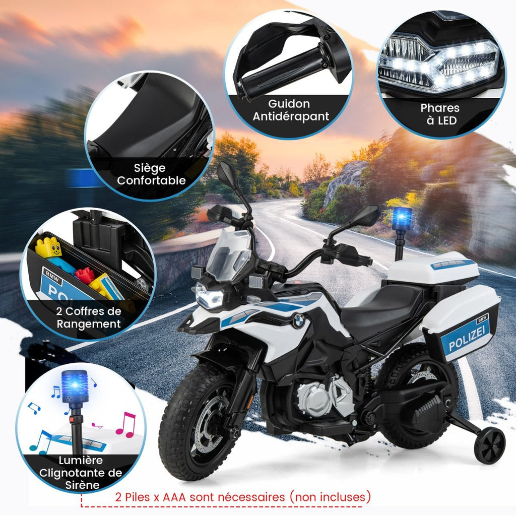 Moto Électrique 12V/7AH pour Enfants 6km/h Modèle Policier avec Klaxon Musique Sirène Phares pour 3-8 Ans -