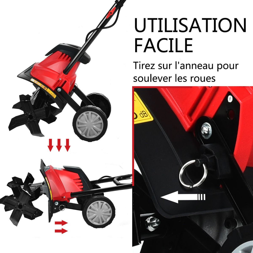Motobineuse Motoculteur Électrique 1200W Profondeur Travail 22CM Largeur 35CM avec Poignée Pliable Roues Réglables 4 Lames -
