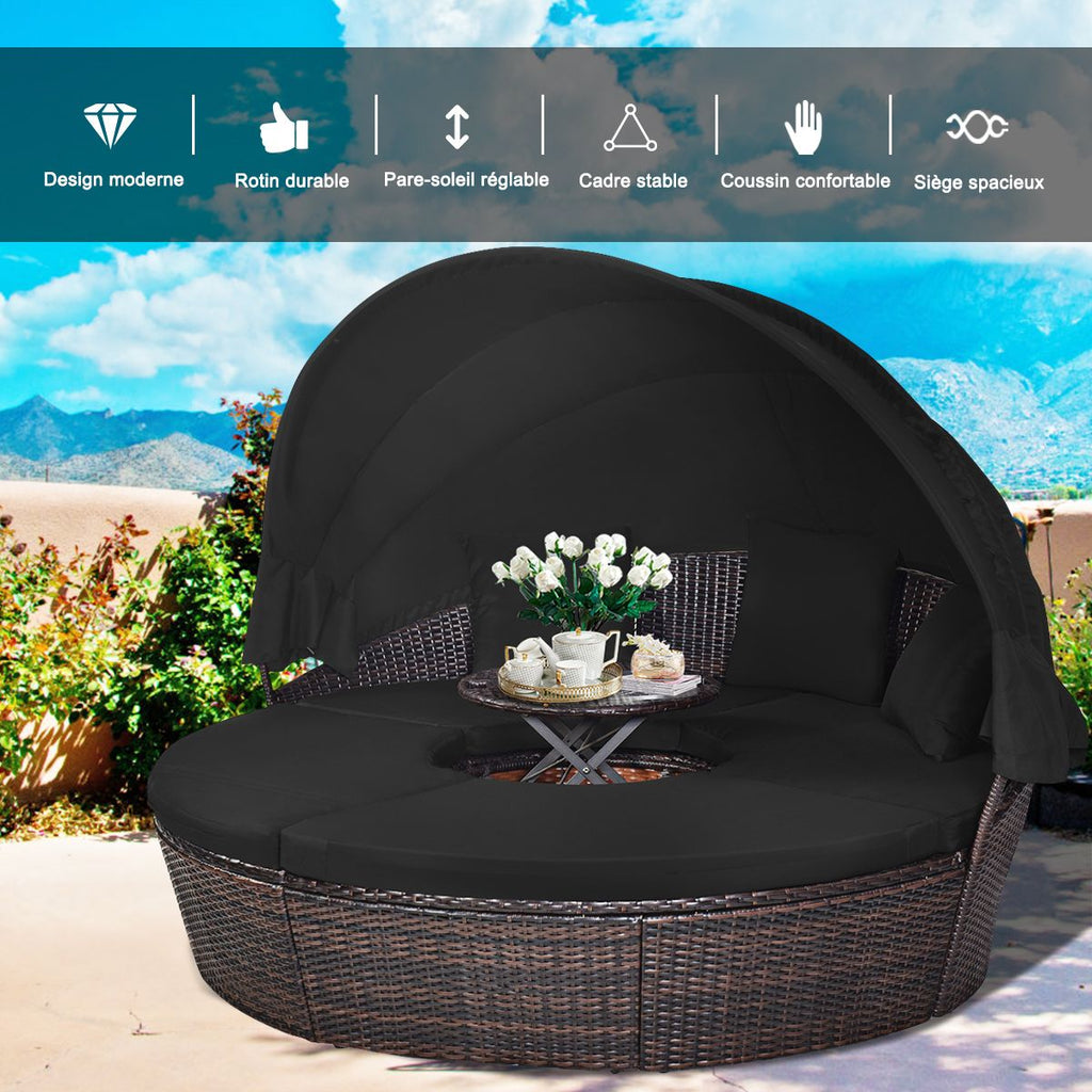 Lit de Jardin Rond d'Exterieur Table Relevable Modulable & Convertible - Pare Soleil Réglable rotin PE Coussins Inclus Noir -