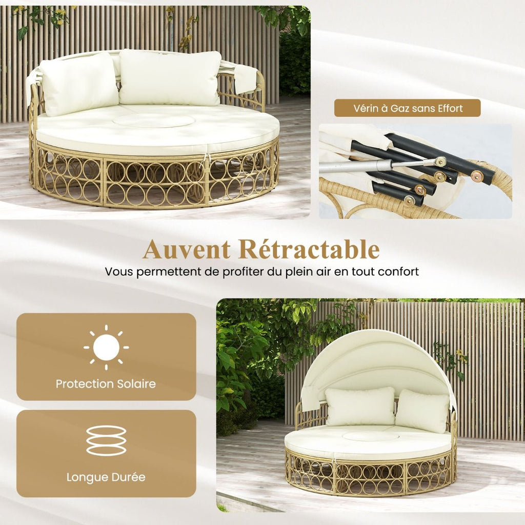 Lit de Repos Rond pour Patio avec Auvent Rétractable Ensemble de Siège Sectionnels Séparés en Rotin PE avec Coussins Doux Blanc -