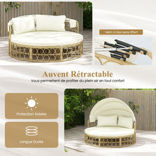Load image into Gallery viewer, Lit de Repos Rond pour Patio avec Auvent Rétractable Ensemble de Siège Sectionnels Séparés en Rotin PE avec Coussins Doux Blanc -