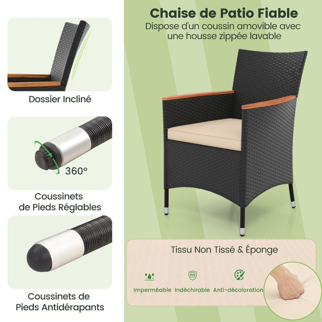 Salon de Jardin en Rotin 9 Pièces Plateau de Table en Acacia Ensemble de Salle à Manger avec Coussins Amovibles Trou Charge 180KG Beige+Noir -