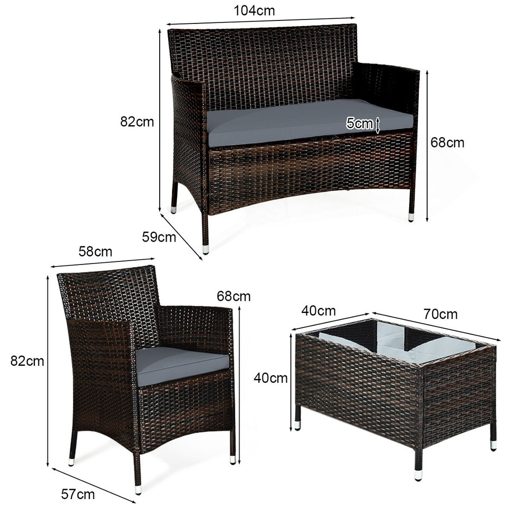 Salon de Jardin 4 PCS Mobilier de Terrasse en Rotin PE pour Véranda Patio Terrasse Piscine Marron et Gris -