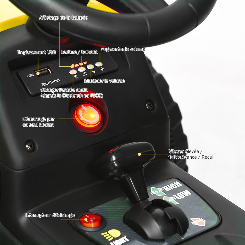 Tracteur Electrique avec Remorque pour Enfants 3 Vitesses Lumires LED Fonctions o USB et Bluetooth Jaune/Rose/Rouge/Vert/Vert Fonc/Noir -