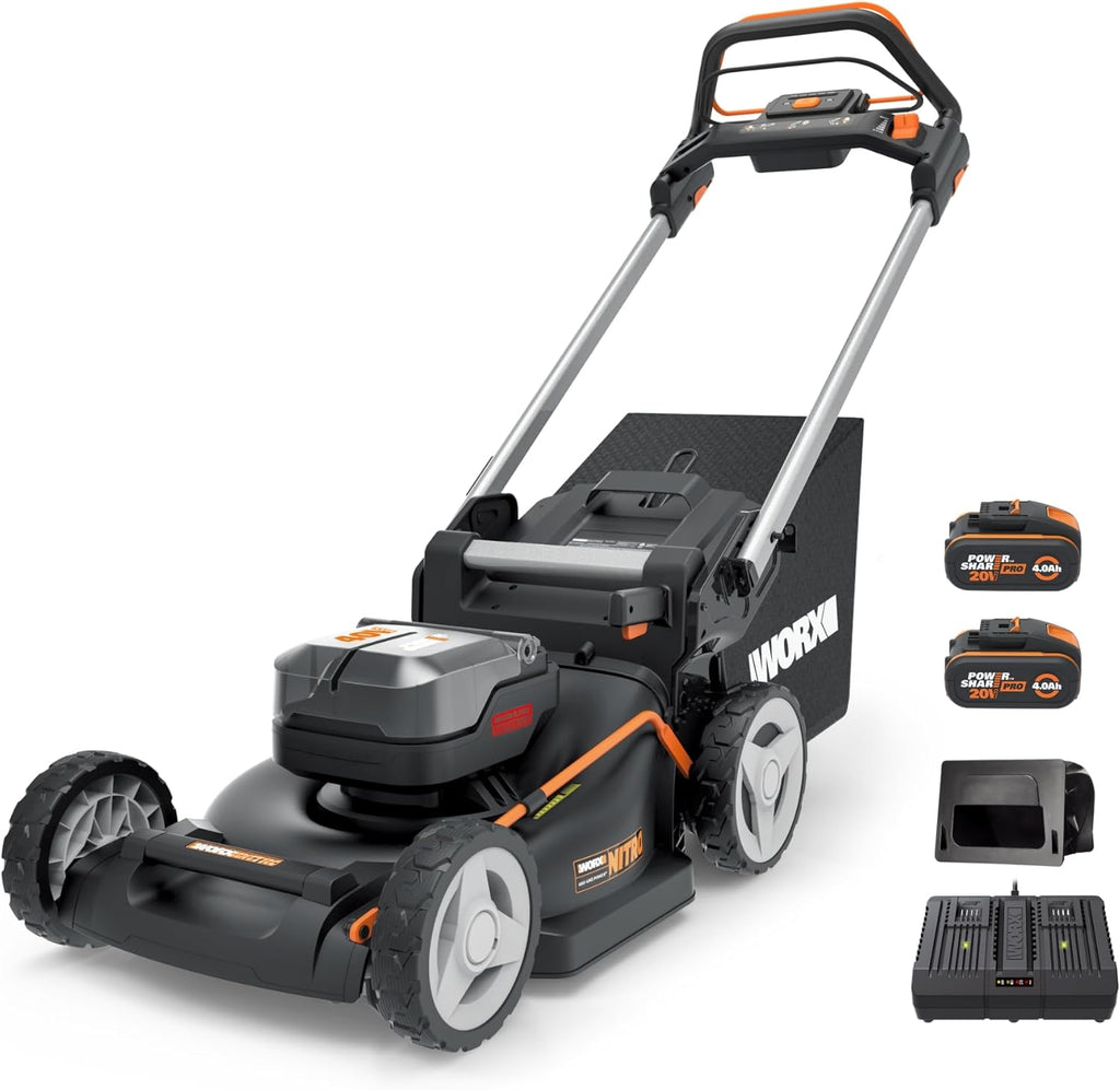 Pack Pro+ Tondeuse à Gazon 40V 460m² + Coupe-Bordures 20V + 2 Batteries 4Ah et 1 Batterie 2Ah + Chargeur Double et Chargeur Simple (Idéal pour l'Entretien du Jardin)
