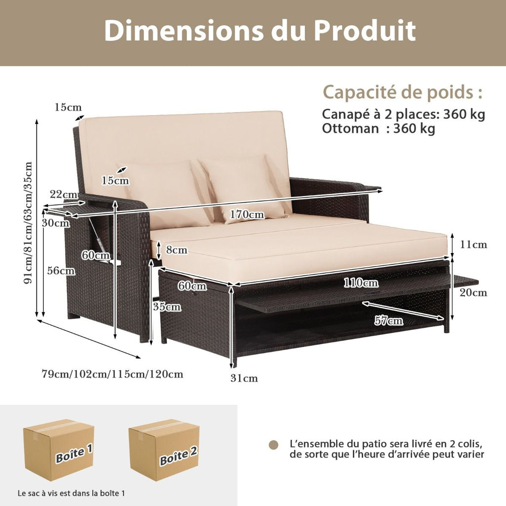 Salon de Jardin Extérieur Ajustable à Lit,2 Place avec Stockage Caché,Dossier Réglable à 4 Niveaux en Rotin PE -