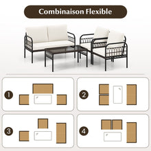 Load image into Gallery viewer, Meubles de Patio 4 Pices en Rotin Charge 180-360KG avec Chaises Causeuse Coussins et Table Basse en Verre Tremp pour Balcon Blanc -