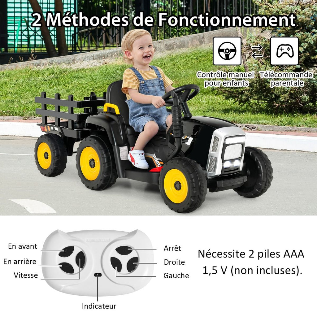 Tracteur Electrique avec Remorque pour Enfants 3 Vitesses Lumires LED Fonctions o USB et Bluetooth Jaune/Rose/Rouge/Vert/Vert Fonc/Noir -