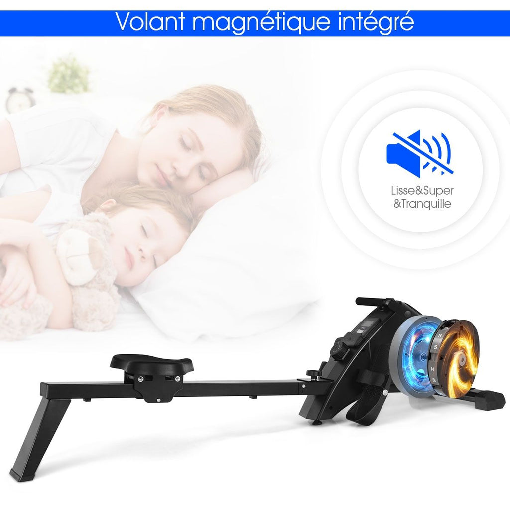 Rameur d'Appartement Pliable à Résistance 10 Niveaux Ecran Lcd Capacité 120kg Musculation Des Bras Cardio-Training Noir -
